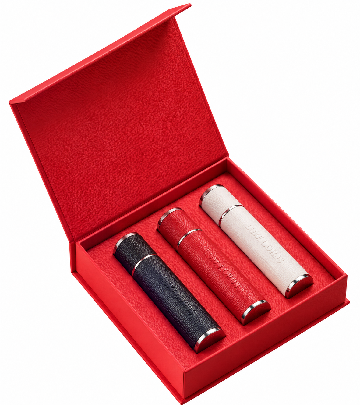 Luxe Lords Scarlet Trio Gift Set with navy, scarlet and ivory 10ml vegan leather atomizers